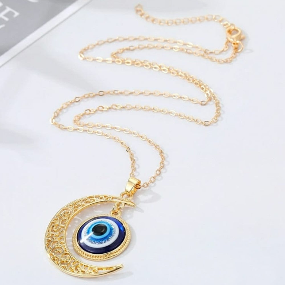 Evil Eye Crescent Moon Pendant Necklace